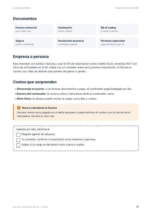 Página de la guía: Documentos para la aduana chilena